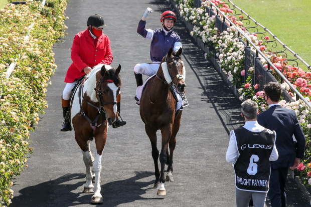 Jye McNeil returns to the mounting yard aboard Twilight Payment after winning the 2020 Melbourne Cup.