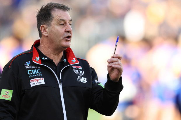 PERTH, AUSTRALIA - JULY 02: Ross Lyon, Senior Coach of the Saints addresses the team at the quarter time break during the 2023 AFL Round 16 match between the West Coast Eagles and the St Kilda Saints at Optus Stadium on July 2, 2023 in Perth, Australia. (Photo by Will Russell/AFL Photos via Getty Images)