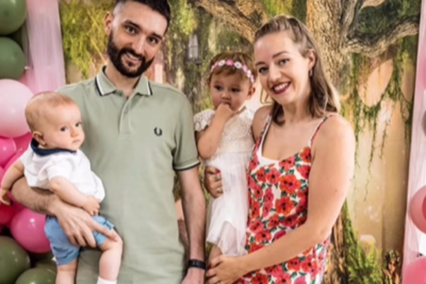 The Wanted singer Tom Parker and wife Kelsey Parker and their two children.
