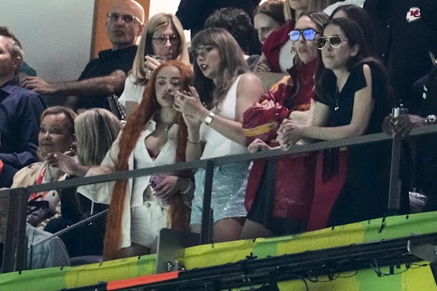 Ice Spice, Taylor Swift, Este Haim and Alana Haim during the first half of the NFL Super Bowl 59 football game between the Kansas City Chiefs and the Philadelphia Eagles, February 9, 2025, in New Orleans.