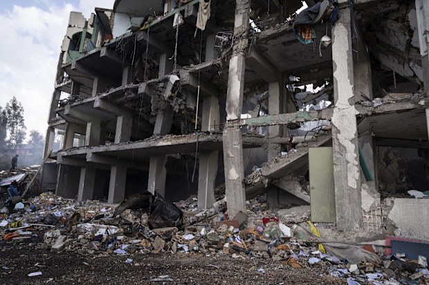 Aftermath of destruction is seen in the Islamic Health Society on March 15, 2026 in Burj Qalawiya, Lebanon. 