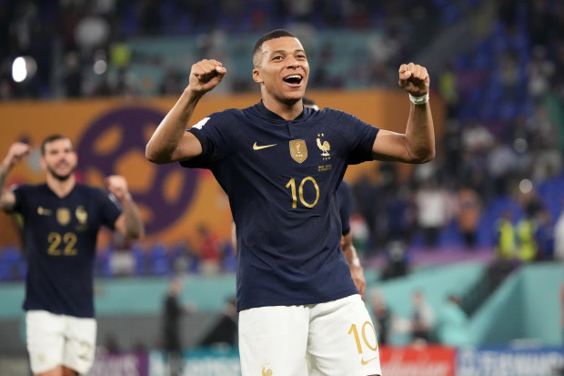 Kylian Mbappe of France celebrates winning during the FIFA World Cup Qatar 2022 Group D match between France and Denmark at Stadium 974 on November 26, 2022 in Doha, Qatar. (Photo by Koji Watanabe/Getty Images)