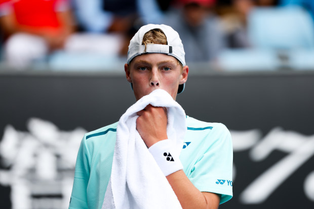 Cruz Hewitt during his match against Alexander Razeghi of the United States in their first round singles match at the 2024 Australian Open Junior Championships. 