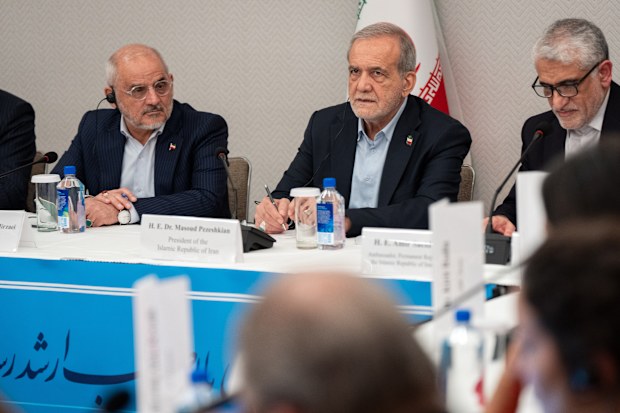 Masoud Pezeshkian, the President of Iran, takes questions from the media at a press briefing in New York, Friday, Sept. 26, 2025. 