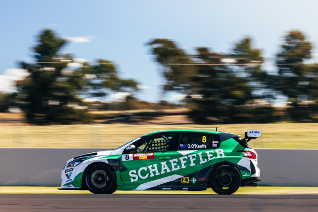 The Peugeot 308 of Dylan O'Keeffe heads up Mountain Straight at Mount Panorama.