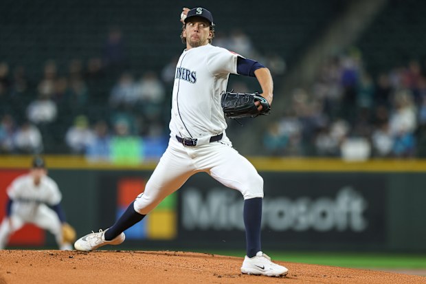 Logan Gilbert #36 of the Seattle Mariners delivers a pitch during the first inning against the Athletics at T-Mobile Park on April 22, 2026 in Seattle, Washington. (Photo by Jack Compton/Getty Images)