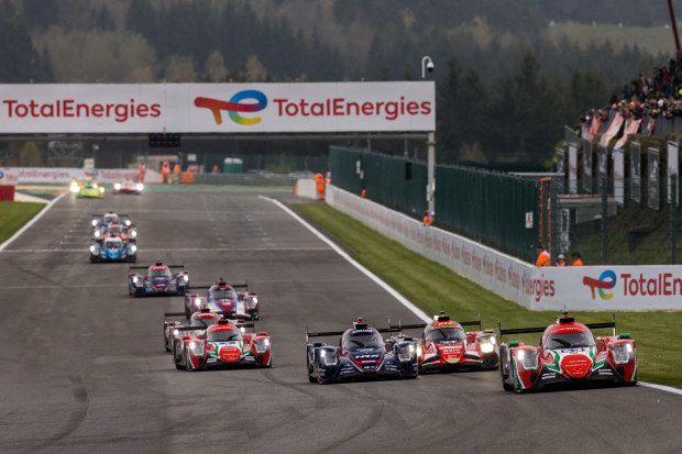 A pack of LMP2 cars at Spa-Francorchamps.