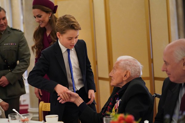 Prince George and the Princess of Wales join Second World War veterans at a tea party in Buckingham Palace, central London, following the military procession to mark the 80th anniversary of VE Day. Picture date: Monday May 5, 2025. PA Photo. See PA story MEMORIAL VEDay. Photo credit should read: Yui Mok/PA Wire
