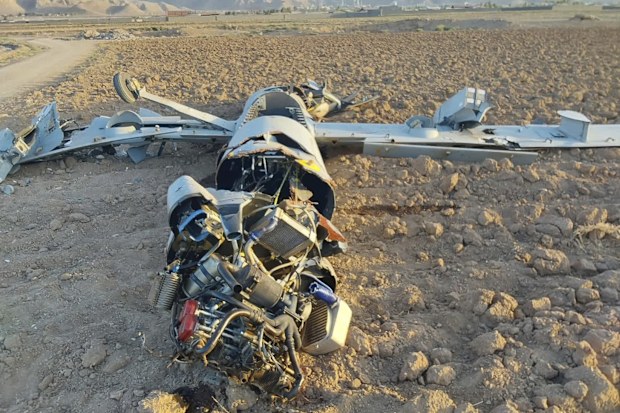This picture released on Wednesday, June 18, 2025, by the Iranian armed forces claims to show an Israeli drone after being targeted in the central city of Isfahan area, Iran. (Iranian Armed Forces via AP)