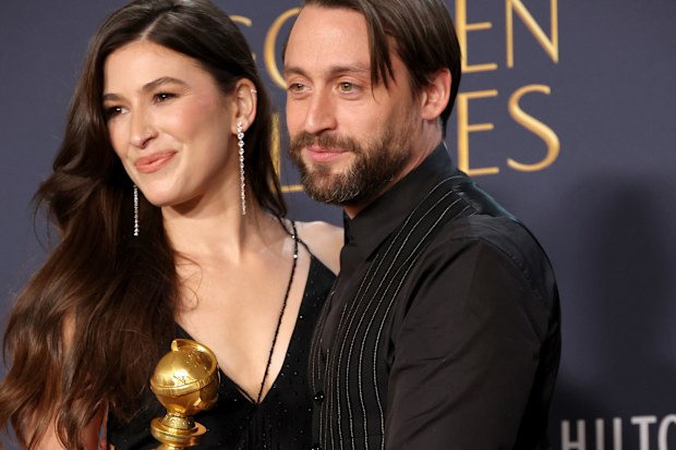 Jazz Charton and Kieran Culkin, winner of the Best Performance by a Male Actor in a Supporting Role in Any Motion Picture award for A Real Pain, pose in the press room during the 82nd Annual Golden Globe Award at The Beverly Hilton on January 5, 2025 in Beverly Hills, California.  