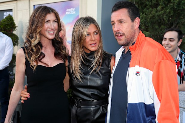 Jackie Sandler, Jennifer Aniston and Adam Sandler attend the LA premiere of Netflix's "Murder Mystery" in 2019.