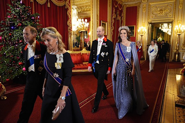 WINDSOR, ENGLAND - DECEMBER 03: Edward, Duke of Edinburgh, Sophie, Duchess of Edinburgh (front), William, Prince of Wales and Catherine, Princess of Wales arrive ahead the state banquet for the German President Frank-Walter Steinmeier and  his wife Elke Budenbender, on day one of their state visit to the UK, at Windsor Castle on December 3, 2025 in Windsor, England. The President of the Federal Republic of Germany, accompanied by Ms. Elke Büdenbender, are paying a State Visit to the United Kingd
