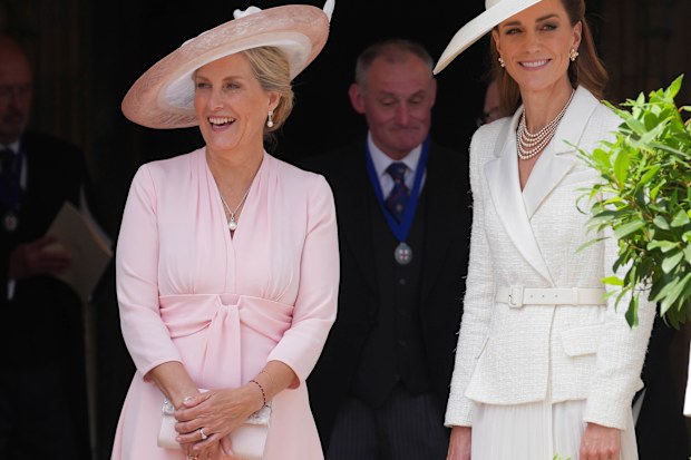 WINDSOR, ENGLAND - JUNE 16: Sophie, Duchess of Edinburgh (L) and Catherine, Princess of Wales (R) attend the Order of the Garter service at St George's Chapel, Windsor Castle on June 16, 2025 in Windsor, England. (Photo by Yui Mok - WPA Pool/Getty Images)