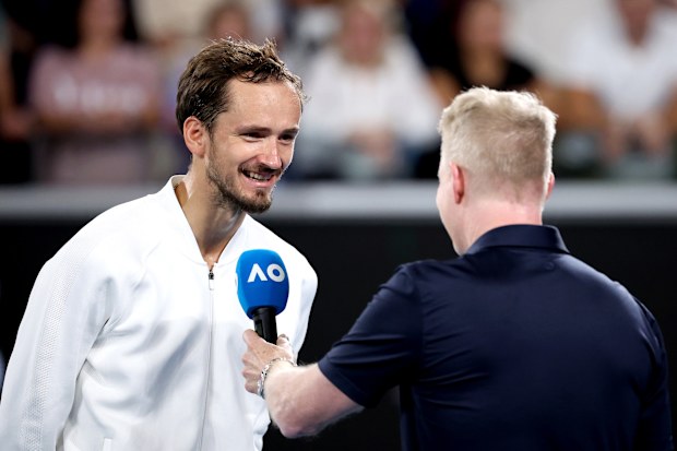 Daniil Medvedev is interviewed after winning his round three singles match against Felix Auger-Aliassime of Canada.