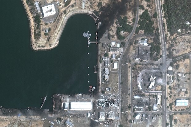 In this satellite image provided by Vantor, overview of destroyed vessels and facilities at the Konarak Naval Base, Iran, Sunday, March 1, 2026.  