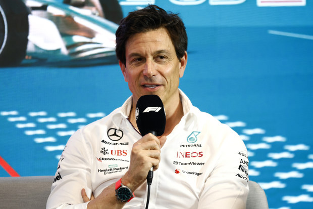 Toto Wolff speaks during a press conference.