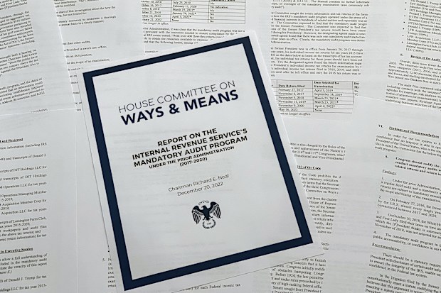 The report from the House Ways & Means Committee, regarding the IRS and former President Donald Trump's tax returns, is photographed Wednesday, Dec. 21, 2022. 
