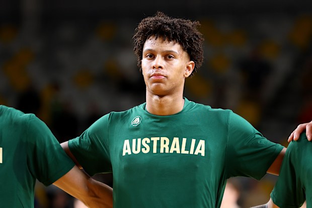 GOLD COAST, AUSTRALIA - JULY 31: Dash Daniels of the Boomers during anthems ahead of the match between Australian Boomers and University Of Colorado Buffaloes at Gold Coast Sports and Leisure Centre on July 31, 2025 in Gold Coast, Australia. (Photo by Chris Hyde/Getty Images)