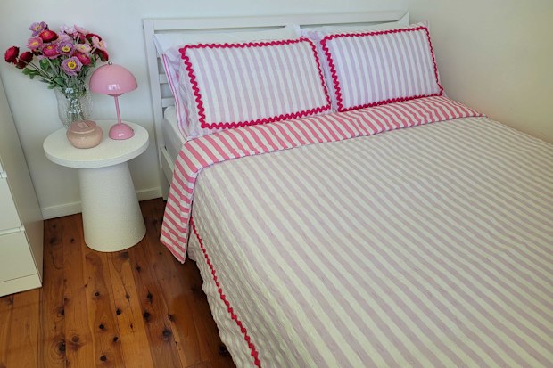 Kmart textured side table, Nico lamp, ric rac reversible cotton quilt cover