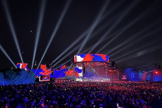 The UK themed stage design as Take That wrap up the concert with a performance of Never Forget