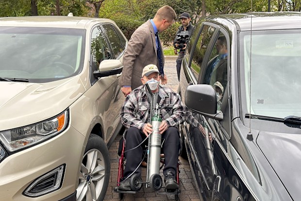 Terry Jon Martin prepares to leave the federal courthouse in Duluth, Minn., Friday, Oct. 13, 2023. Martin, charged with the museum heist of a pair of ruby slippers worn by Judy Garland in the The Wizard of Oz pleaded guilty Friday, pulling back the curtain on a whodunit mystery dating back 18 years. (Dan Kraker/Minnesota Public Radio via AP)