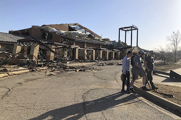 Wynne High school is damaged from Friday's severe weather in Wynne, Ark., on Saturday, April 1, 2023.
