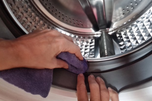 Concept of cleaning detail of washing machine, stainless drum inside, closeup