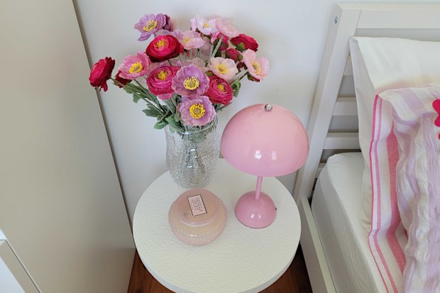 Kmart textured side table, Nico lamp, ric rac reversible cotton quilt cover