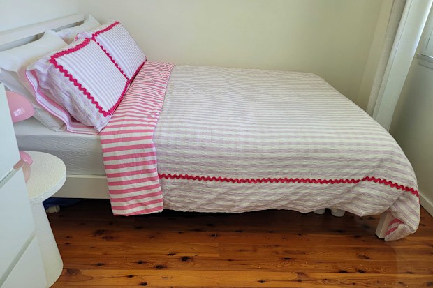 Kmart textured side table, Nico lamp, ric rac reversible cotton quilt cover