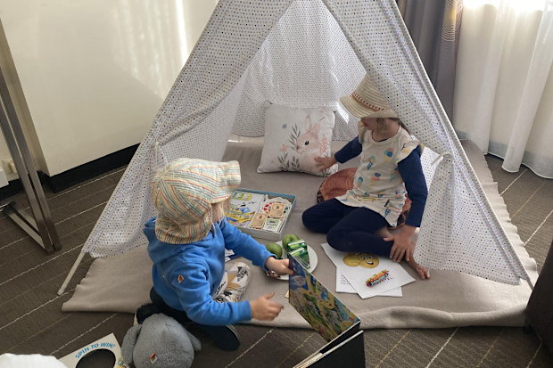 The kids explore their room at Novotel Sydney Central.