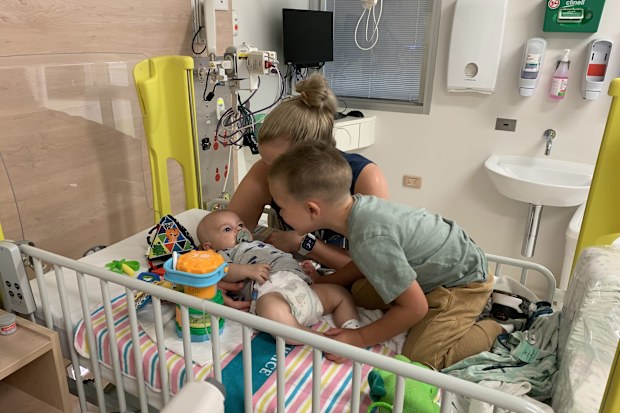 Patrick Zahra during cancer treatment with mum Kimberley and brother Harry.