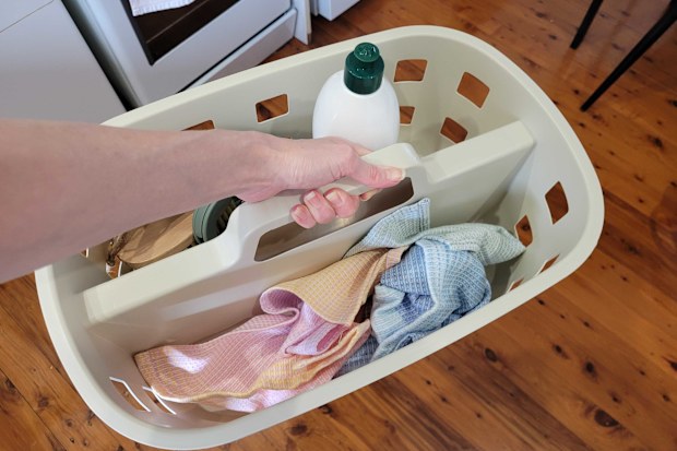 Kmart trellis cleaning caddy filled with cleaning supplies