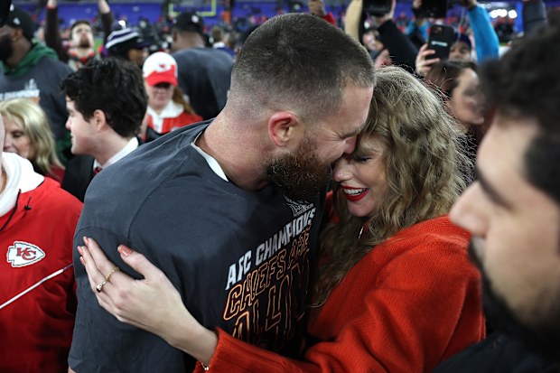 Taylor Swift and Travis Kelce after the Chiefs win at the AFC Championship Game.