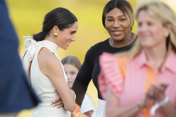 Meghan Markle, the Duchess of Sussex, with Serena Williams and other guests at the 2024 Royal Salute Polo Challenge to Benefit Sentebale, Friday, April 12, 2024, in Wellington, Florida