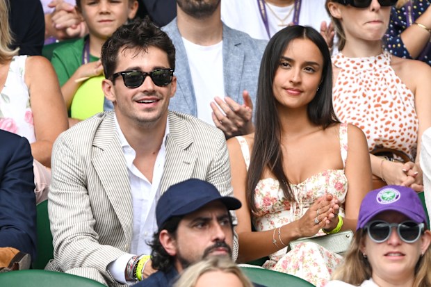Charles Leclerc and Alexandra Saint Mleux at the Wimbledon Tennis Championships at All England Lawn Tennis and Croquet Club on July 10, 2023 in London, England.