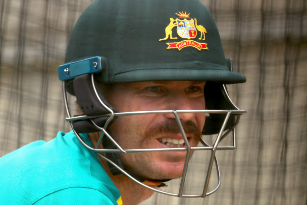 David Warner bats during an Australian nets session at Melbourne Cricket Ground.