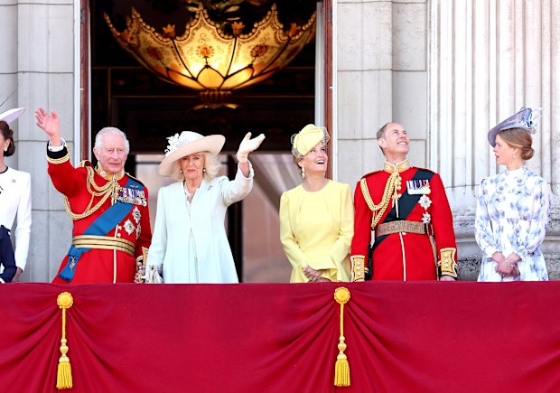 Prince George of Wales, Prince William, Prince of Wales, Prince Louis of Wales, Catherine, Princess of Wales, Princess Charlotte of Wales, King Charles III, Queen Camilla, Sophie, Duchess of Edinburgh, Prince Edward, Duke of Edinburgh and Lady Louise Windsor on the balcony during Trooping the Colour at Buckingham Palace on June 15, 2024 in London, England. 