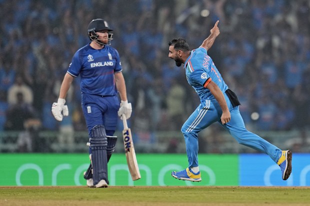 India's Mohammed Shami celebrates the wicket of England's Jonny Bairstow.