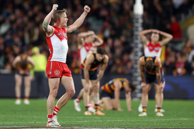 Swan Isaac Heeney celebrates after his side's one point win over Adelaide.