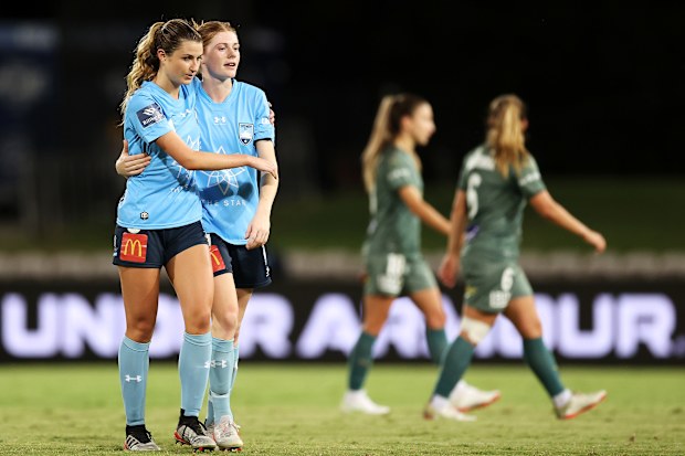 Charlotte McLean and Cortnee Vine of Sydney FC celebrate securing a draw to force extra time during the A-League Womens match between Sydney FC and Melbourne City at Netstrata Jubilee Stadium, on March 11, 2022, in Sydney, Australia. 