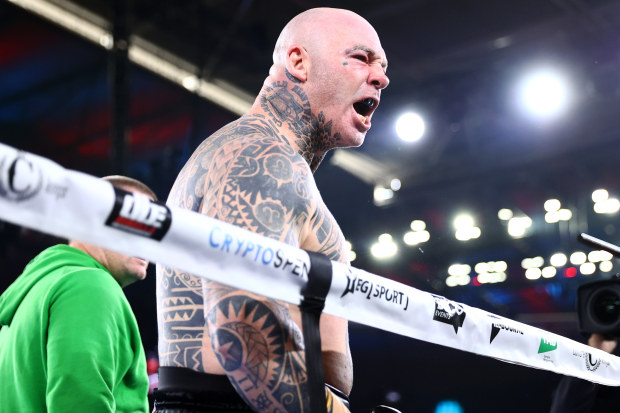 Lucas Browne celebrates after defeating Junior Fa during their heavyweight fight, at Marvel Stadium.