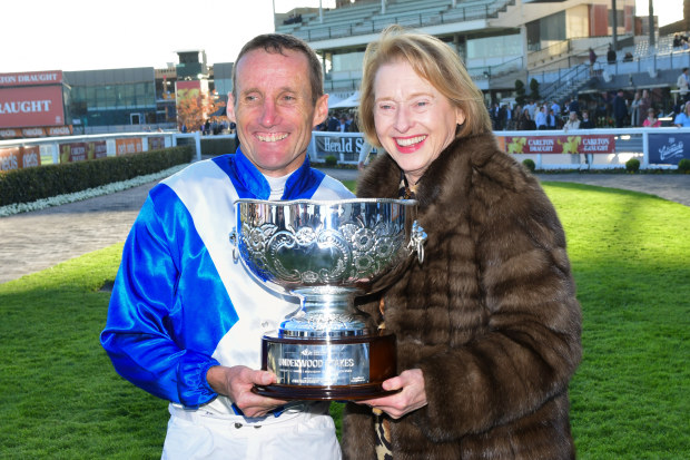 Damien Oliver celebrates with Gai Waterhouse after riding Alligator Blood to Underwood Stakes victory.