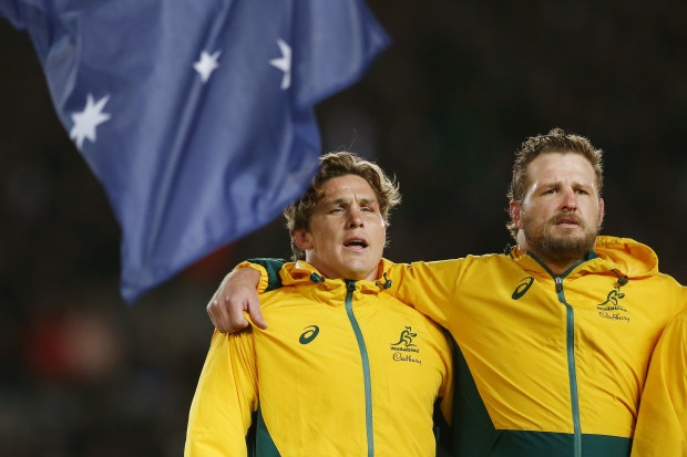 Michael Hooper and James Slipper of the Wallabies sing the national anthem.