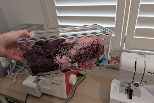Sewing room storage makeover with Kmart's smooth and shiny plastic tubs