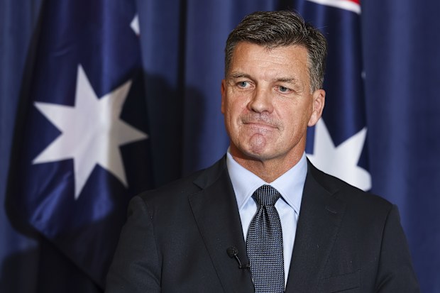 New Liberal leader Angus Taylor during a press conference at Parliament House in Canberra on Friday 13 February 2026. fedpol Photo: Alex Ellinghausen
