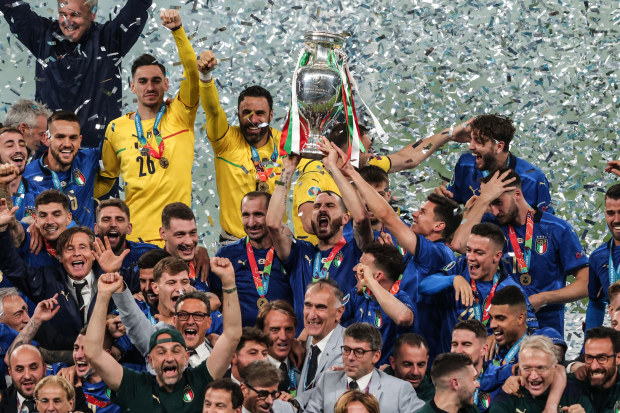 Leonardo Bonucci of Italy lifts the Euro 2020 trophy.
