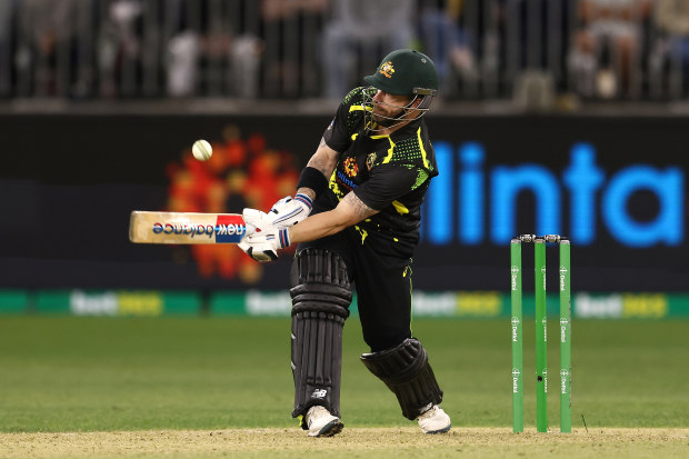 PERTH, AUSTRALIA - OCTOBER 09: Matthew Wade of Australia bats during game one of the T20 International series between Australia and England at Optus Stadium on October 09, 2022 in Perth, Australia. (Photo by Paul Kane - CA/Cricket Australia via Getty Images)