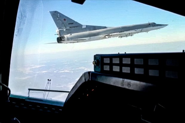 n this photo taken from video and released by the Russian Defense Ministry Press Service on Saturday, Feb. 5, 2022, A view of a  Tu-22M3 bomber of the Russian air force seen from the cockpit of another such plane during a training flight. Two Tu-22M3 long-range bombers of the Russian air force performed a patrol mission over Belarus on Saturday amid the tensions over Ukraine. (Russian Defense Ministry Press Service via AP)