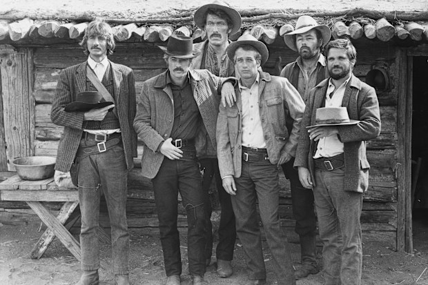The cast of Butch Cassidy and the Sundance Kid (1969) from left to right: Timothy Scott as News Carver, Robert Redford as Sundance Kid, Ted Cassidy as Harvey Logan, Paul Newman as Butch Cassidy, Dave Dunlap, and Charles Dierkop as Flat Nose Curry.