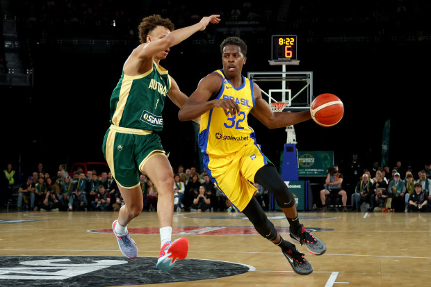 MELBOURNE, AUSTRALIA - AUGUST 16: Georginho De Paula of Brazil drives at the basket during the match between the Australia Boomers and Brazil at Rod Laver Arena on August 16, 2023 in Melbourne, Australia. (Photo by Graham Denholm/Getty Images)